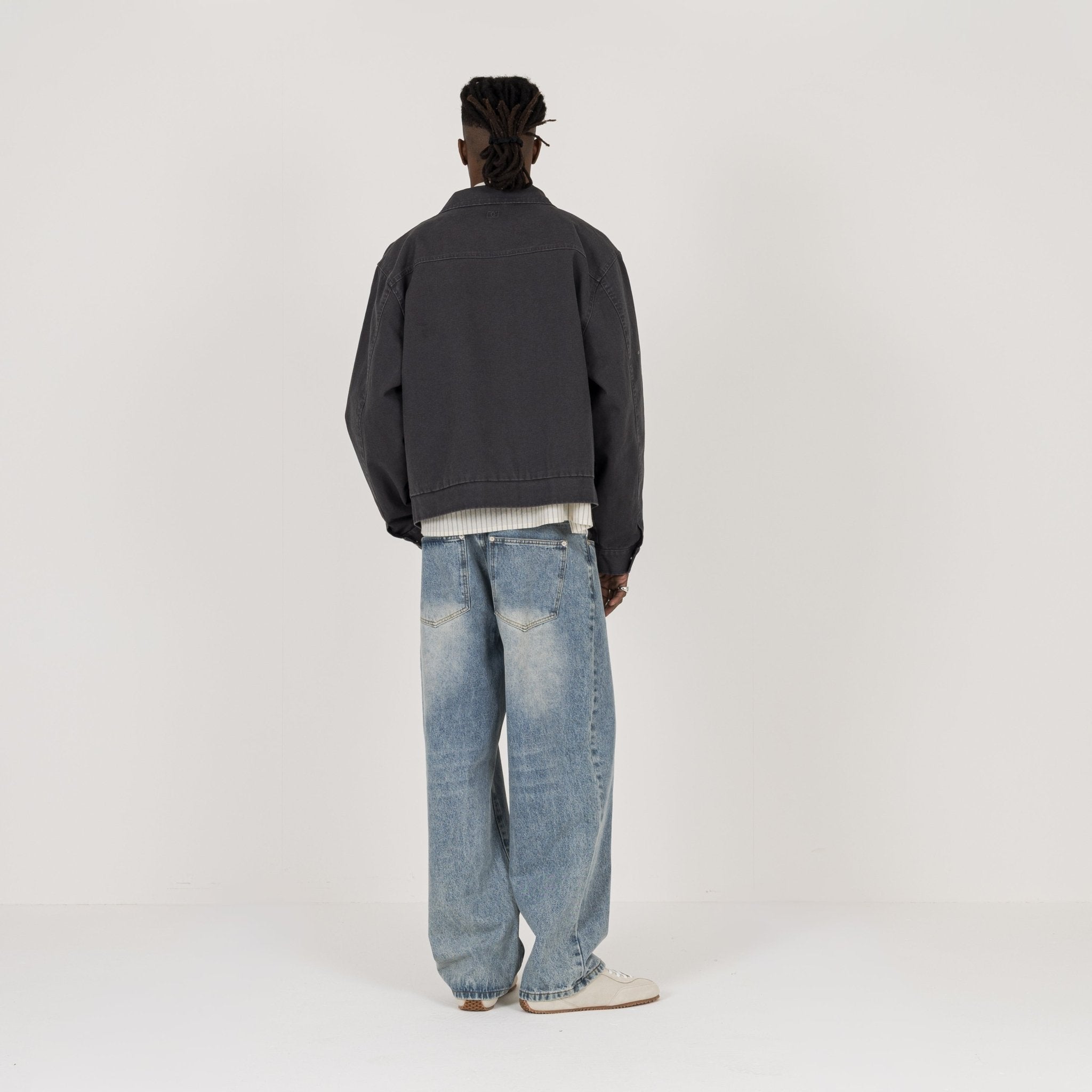 Model view of Destructive Utility Trucker Vintage Grey Jacket